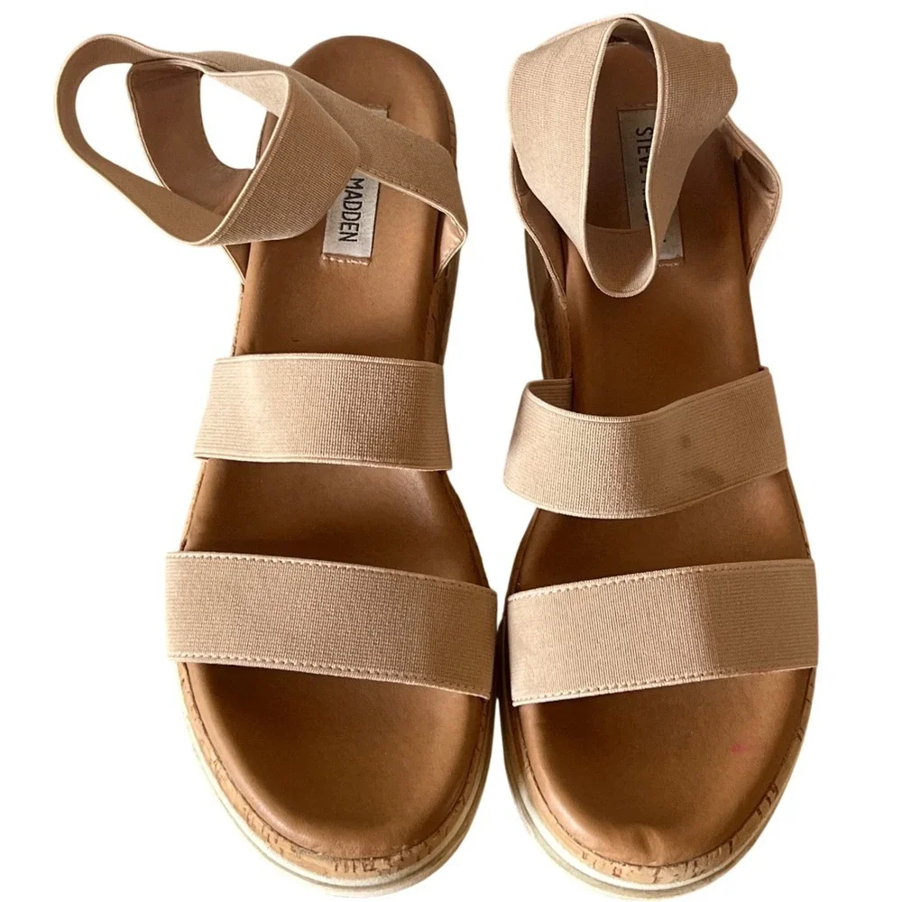 Steve Madden Bandi Tan Elastic Platform Wedge Sandals Womens High Heel Cork 3in